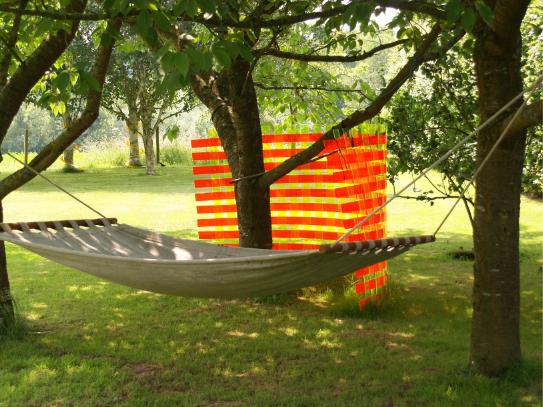 Lazydays in hammock with neon acrylic screen